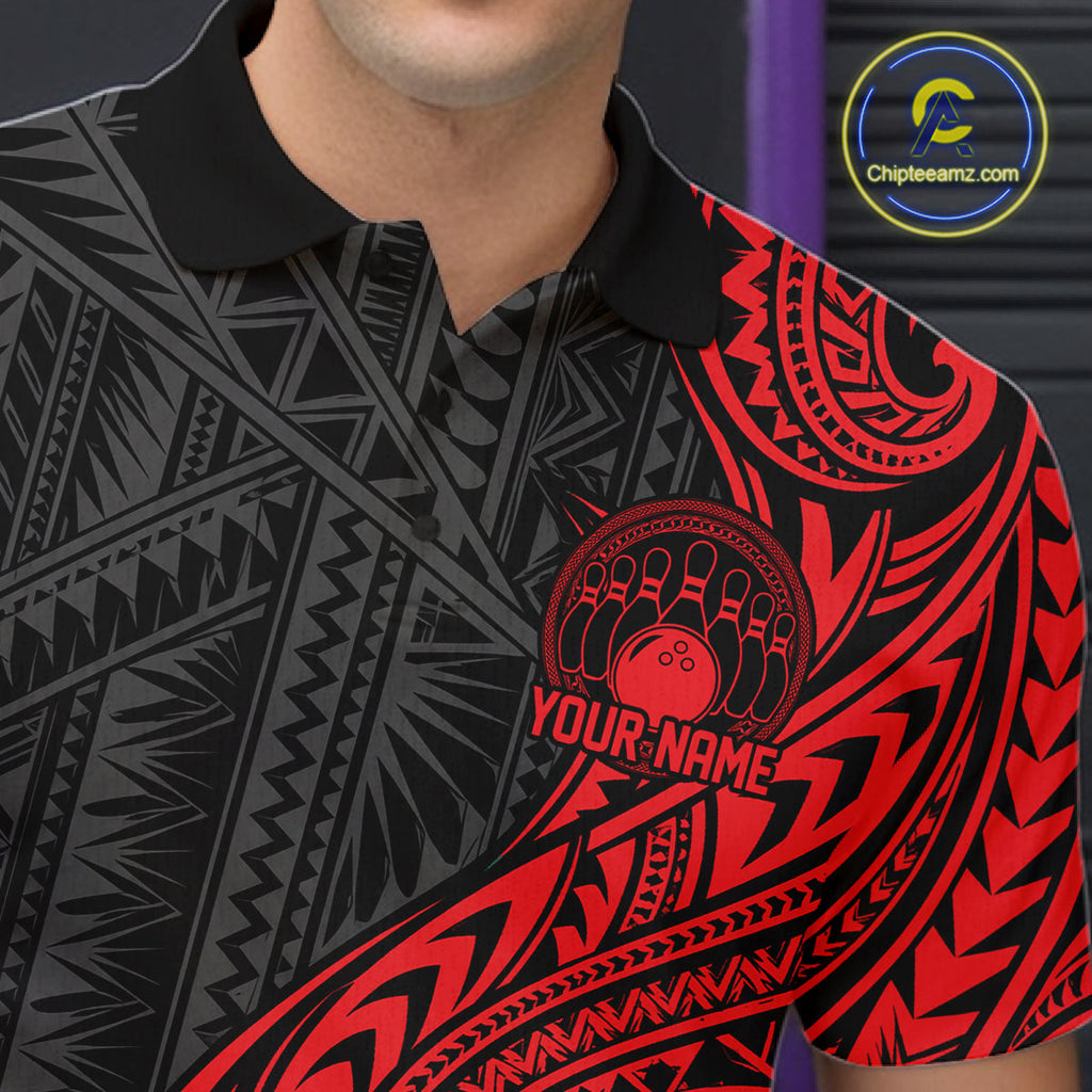 Custom Black And Red Tribal Bowling Polo Shirt, Bowling Team League Shirt