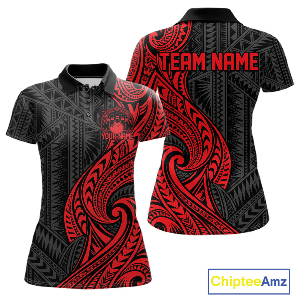 Custom Black And Red Tribal Bowling Polo Shirt, Bowling Team League Shirt