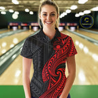 Custom Black And Red Tribal Bowling Polo Shirt, Bowling Team League Shirt