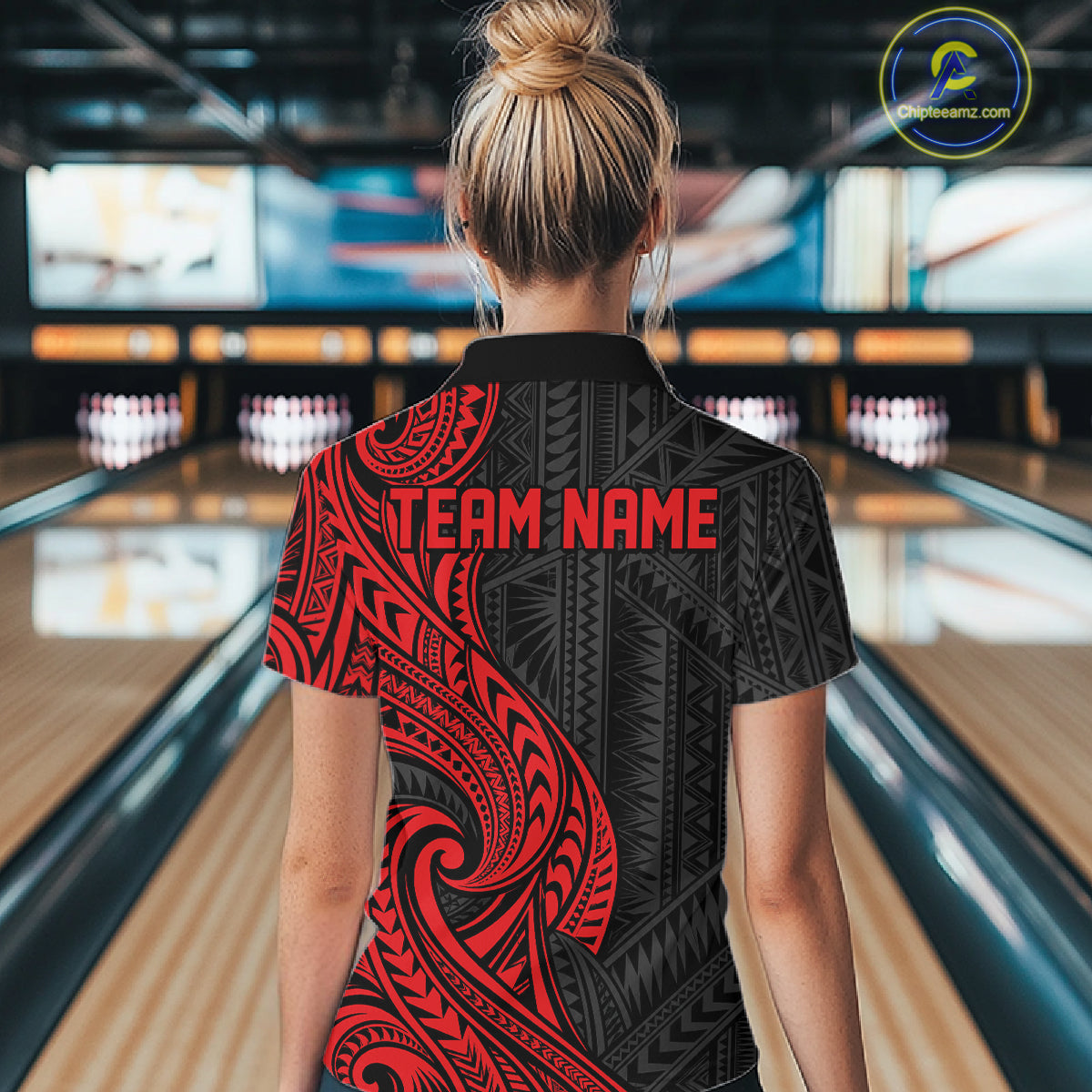 Custom Black And Red Tribal Bowling Polo Shirt, Bowling Team League Shirt
