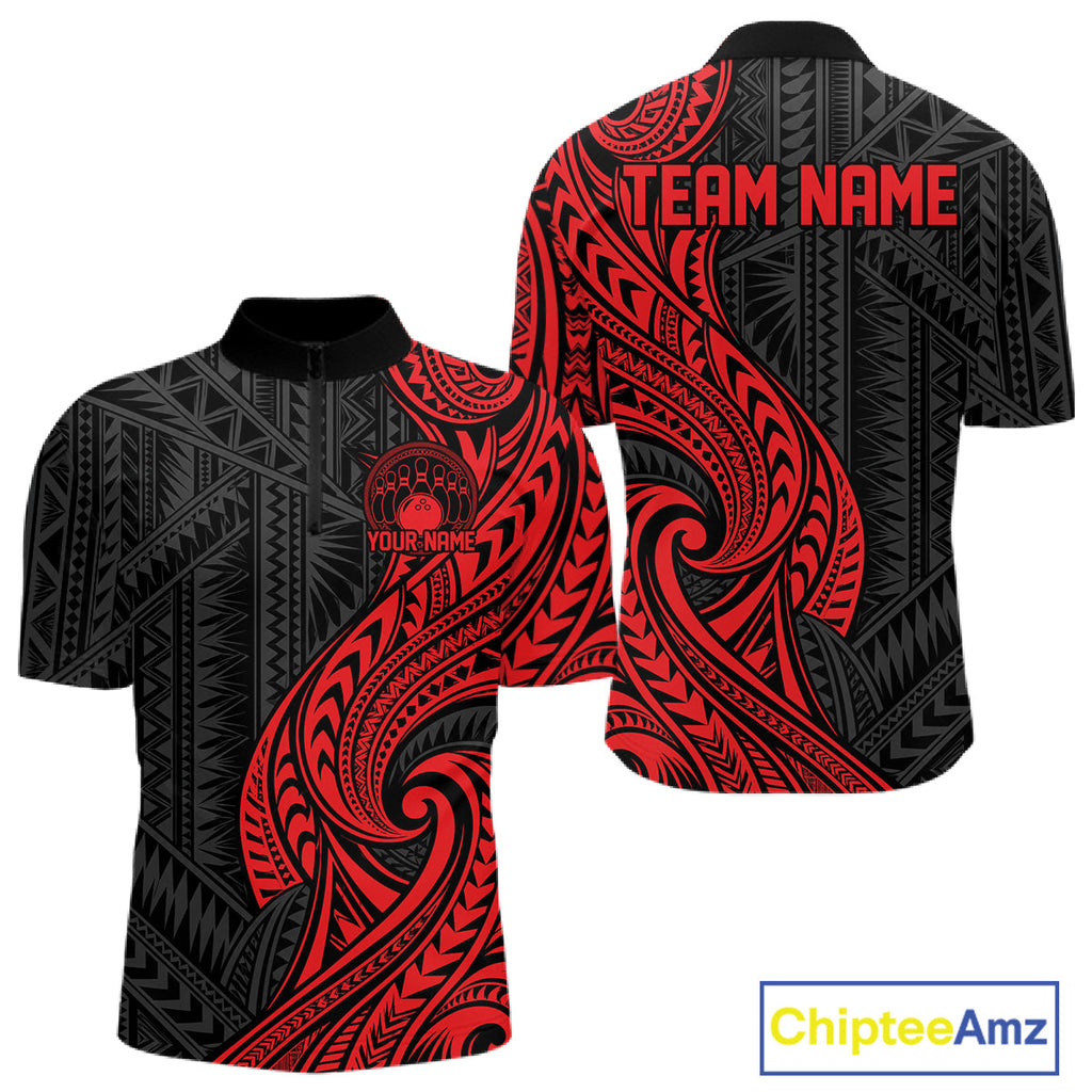 Custom Black And Red Tribal Bowling Quarter Zip Shirt, Bowling Team League Shirt