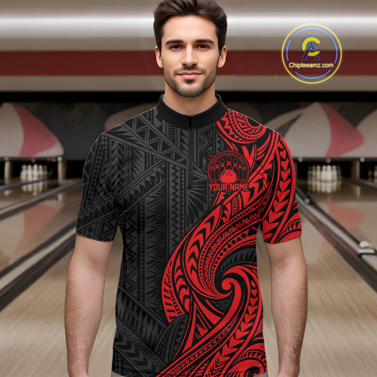 Custom Black And Red Tribal Bowling Quarter Zip Shirt, Bowling Team League Shirt