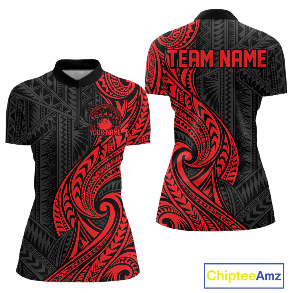 Custom Black And Red Tribal Bowling Quarter-Zip Shirt, Bowling Team League Shirt