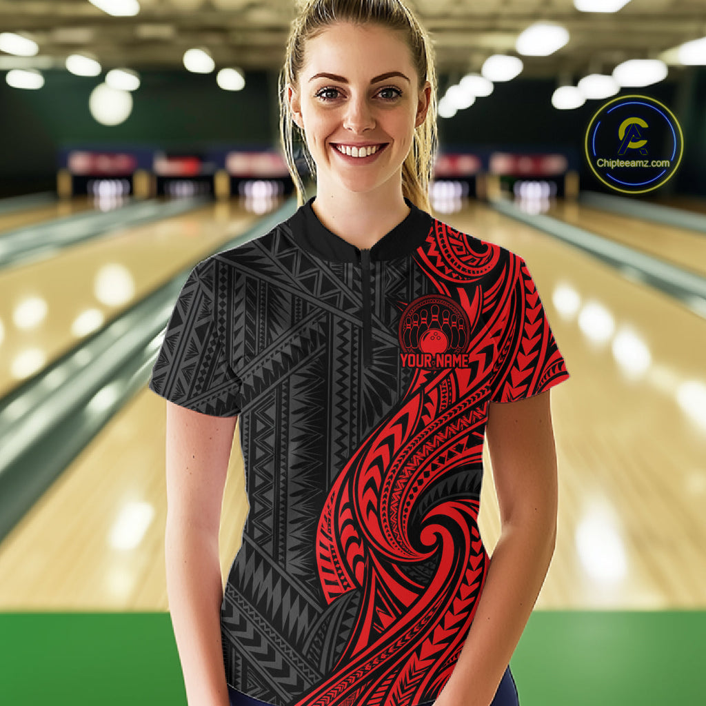 Custom Black And Red Tribal Bowling Quarter-Zip Shirt, Bowling Team League Shirt