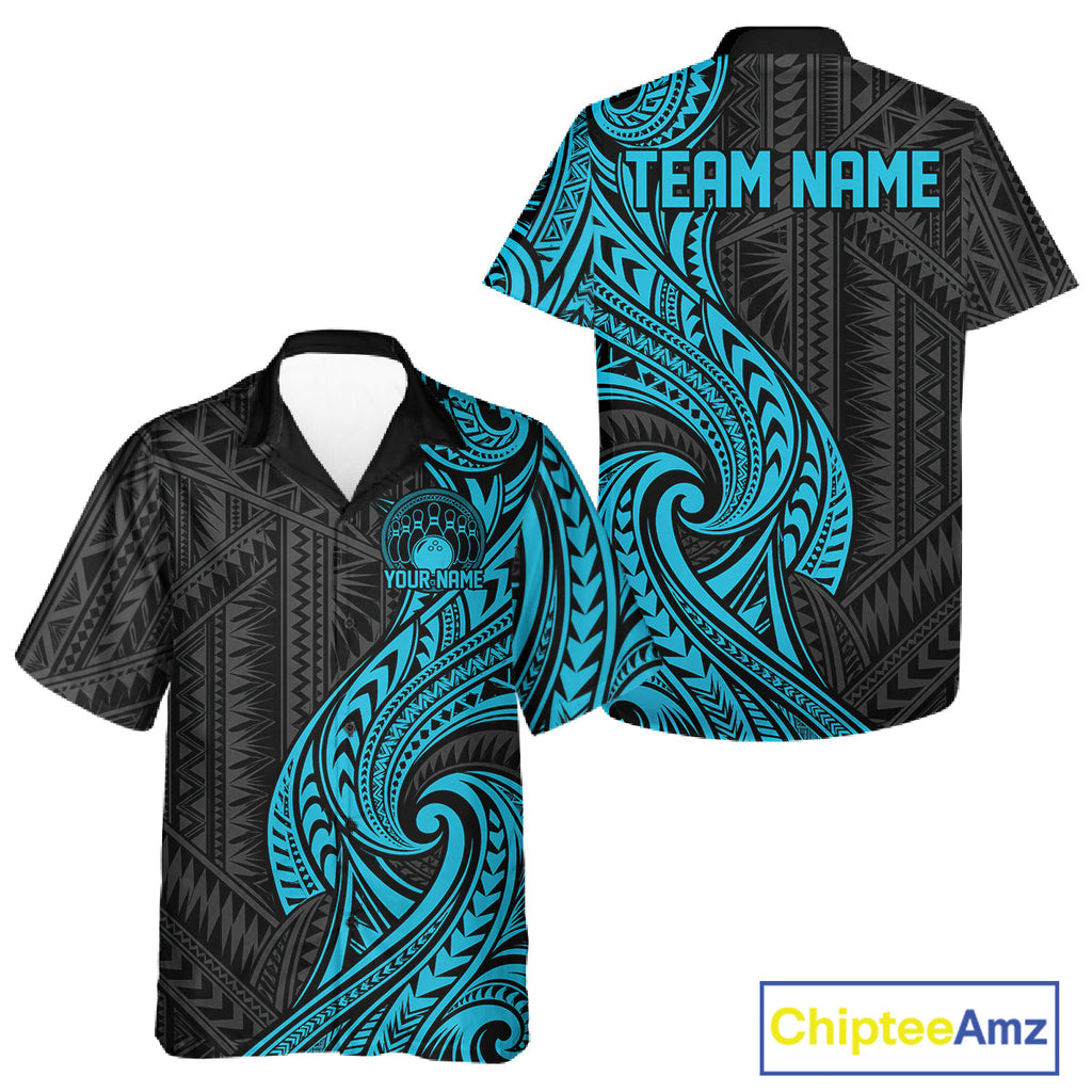 Custom Black And Turquoise Tribal Bowling And Button Up Shirt, Bowling Team League Shirt