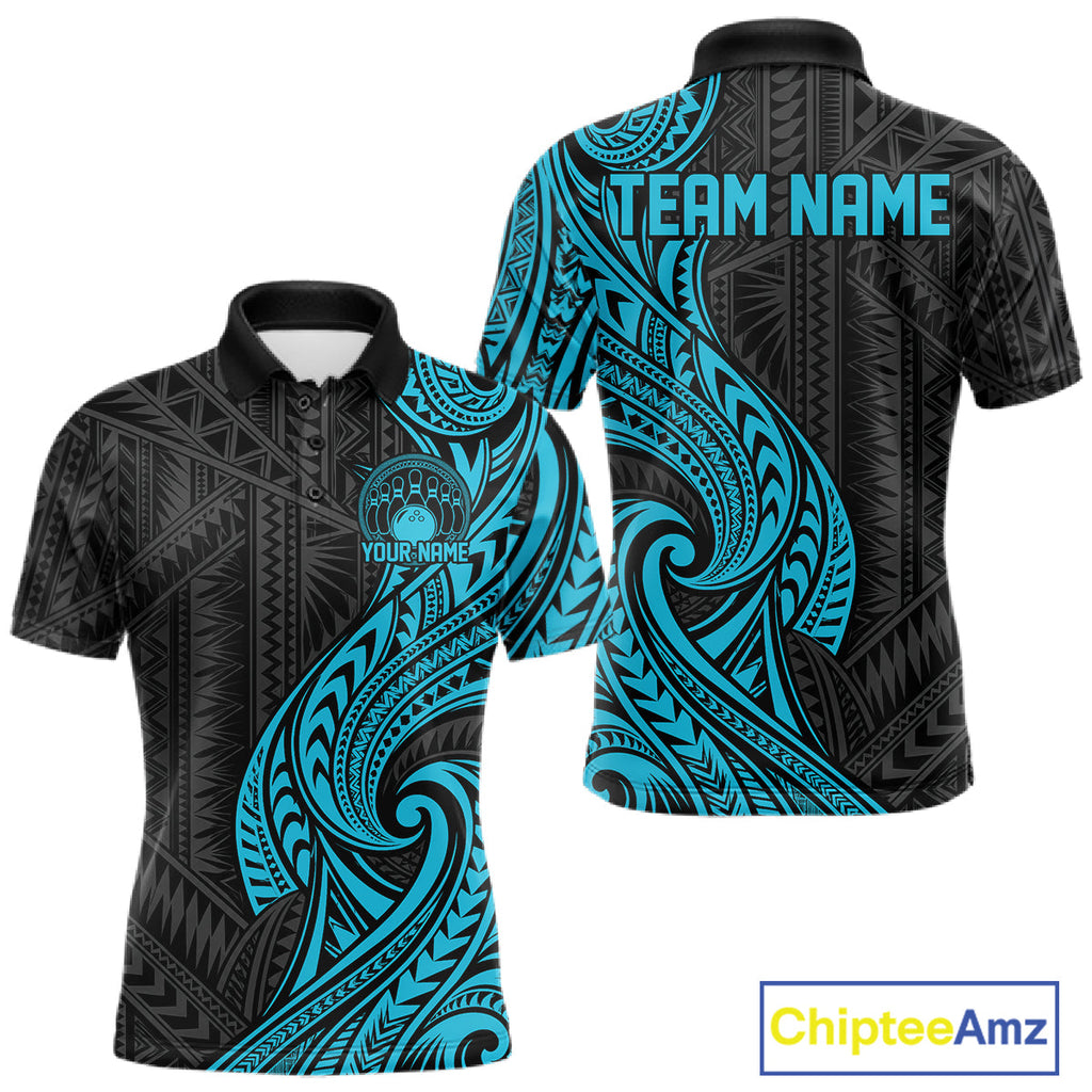 Custom Black And Turquoise Tribal Bowling Polo Shirt, Bowling Team League Shirt