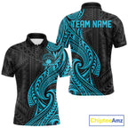 Custom Black And Turquoise Tribal Bowling Polo Shirt, Bowling Team League Shirt