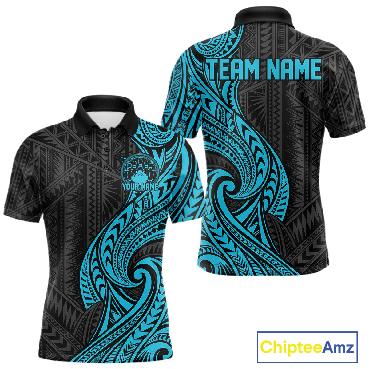 Custom Black And Turquoise Tribal Bowling Polo Shirt, Bowling Team League Shirt