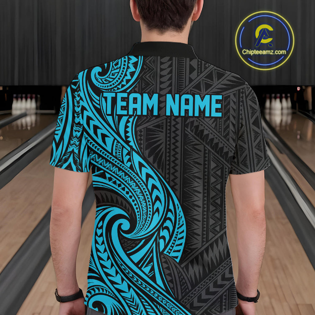 Custom Black And Turquoise Tribal Bowling Polo Shirt, Bowling Team League Shirt
