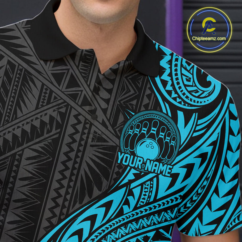 Custom Black And Turquoise Tribal Bowling Polo Shirt, Bowling Team League Shirt
