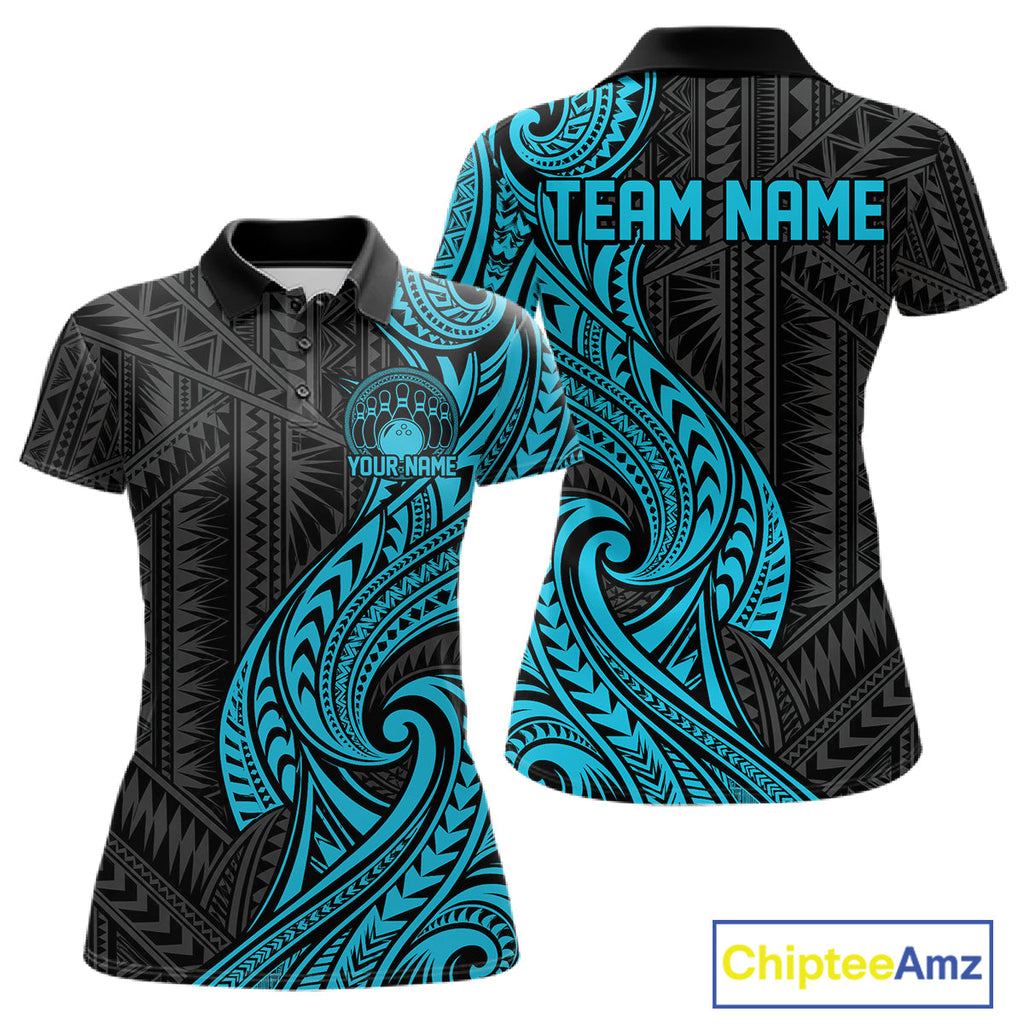Custom Black And Turquoise Tribal Bowling Polo Shirt, Bowling Team League Shirt