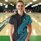 Custom Black And Turquoise Tribal Bowling Polo Shirt, Bowling Team League Shirt