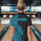 Custom Black And Turquoise Tribal Bowling Polo Shirt, Bowling Team League Shirt