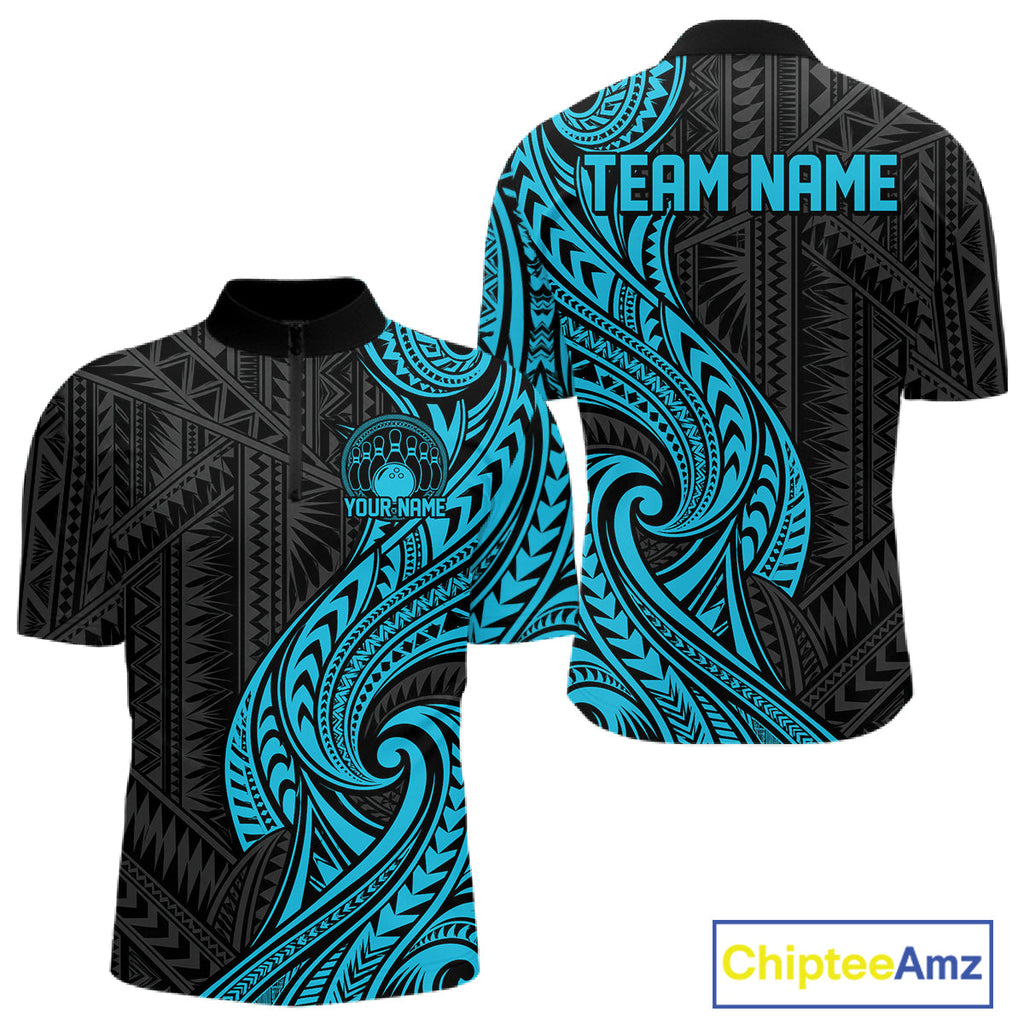 Custom Black And Turquoise Tribal Bowling Quarter Zip Shirt, Bowling Team League Shirt
