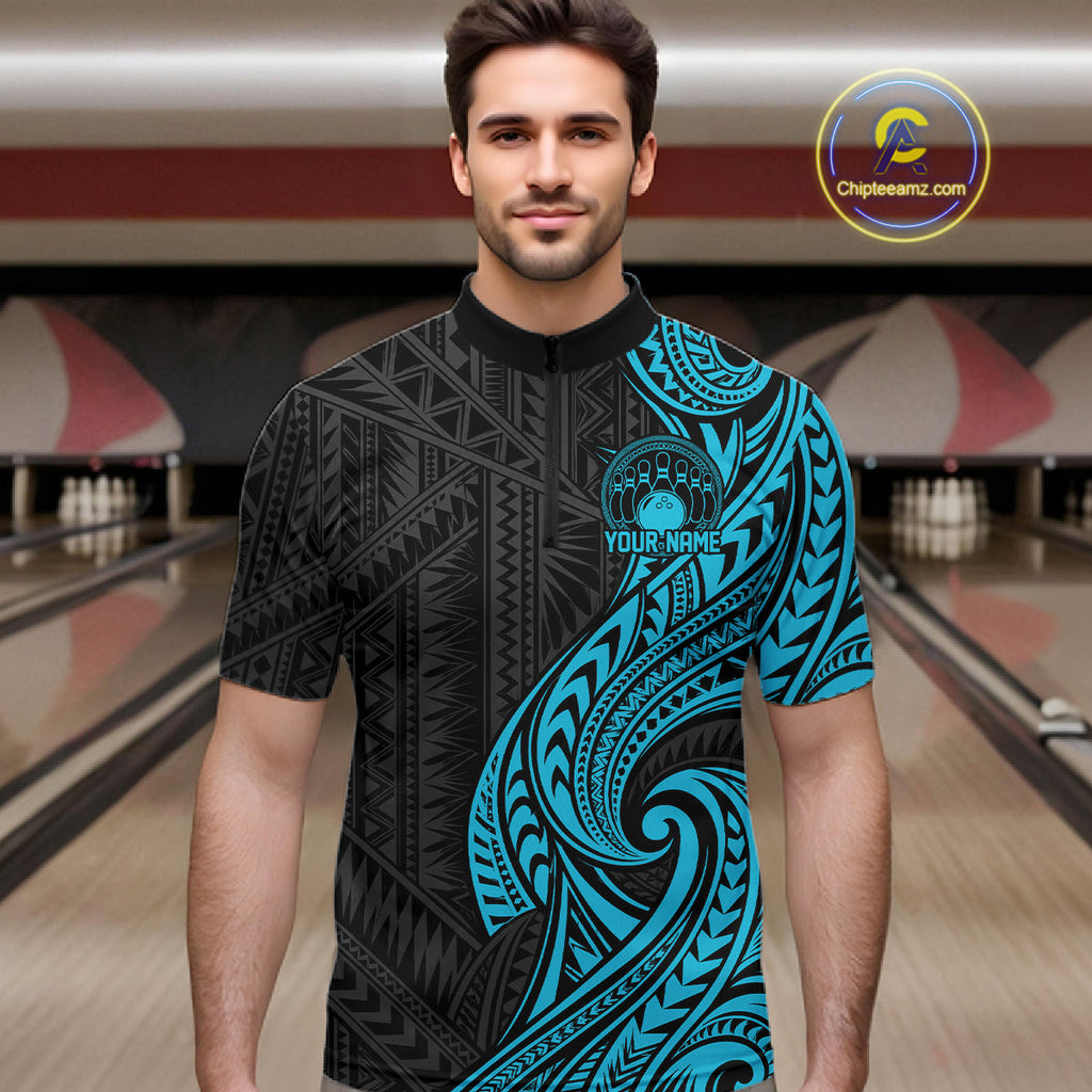 Custom Black And Turquoise Tribal Bowling Quarter Zip Shirt, Bowling Team League Shirt