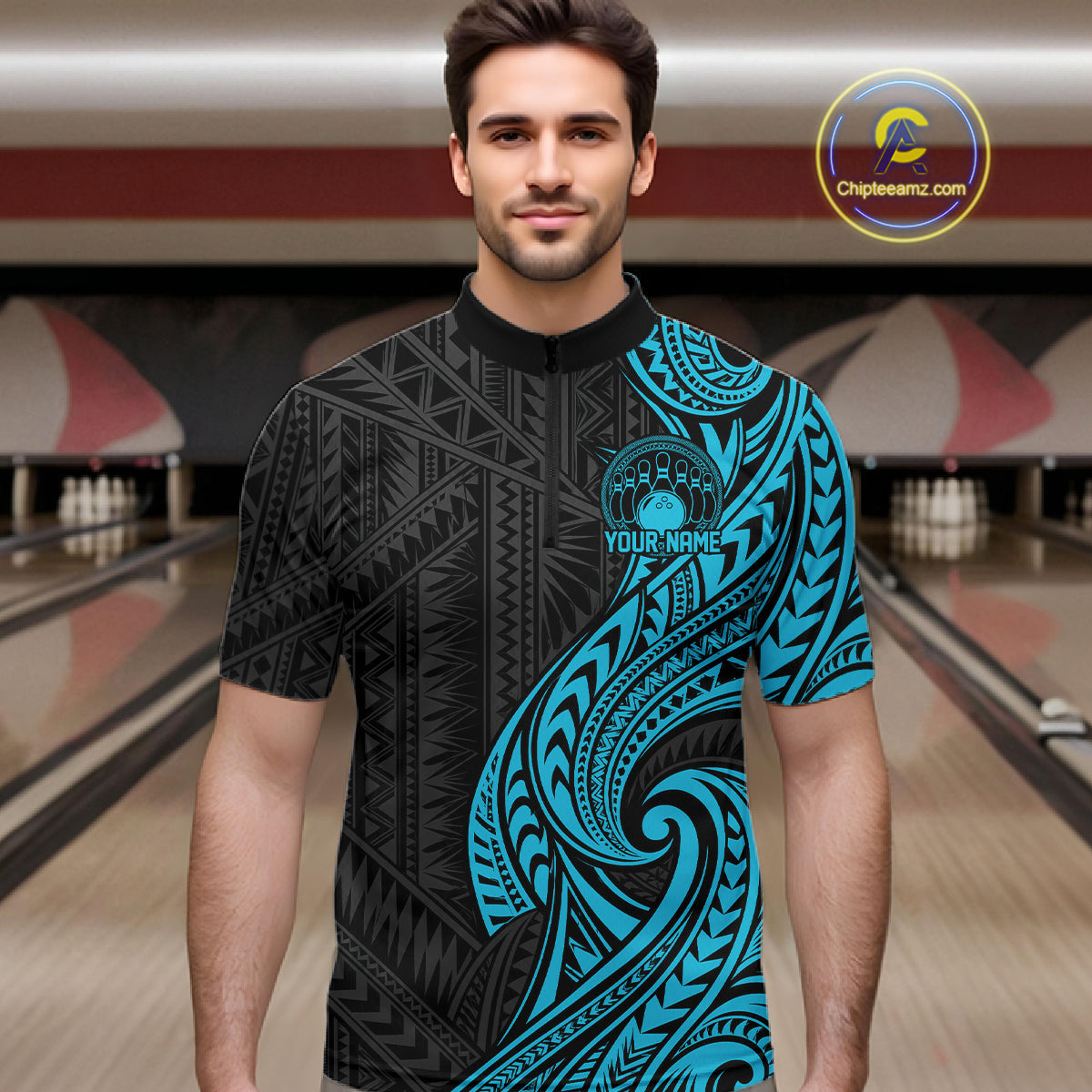 Custom Black And Turquoise Tribal Bowling Quarter Zip Shirt, Bowling Team League Shirt
