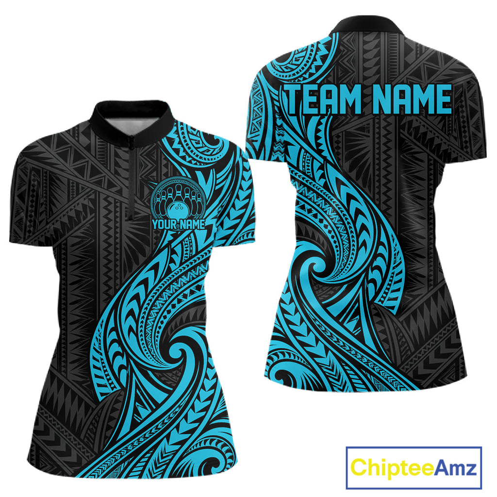 Custom Black And Turquoise Tribal Bowling Quarter-Zip Shirt, Team League Shirt