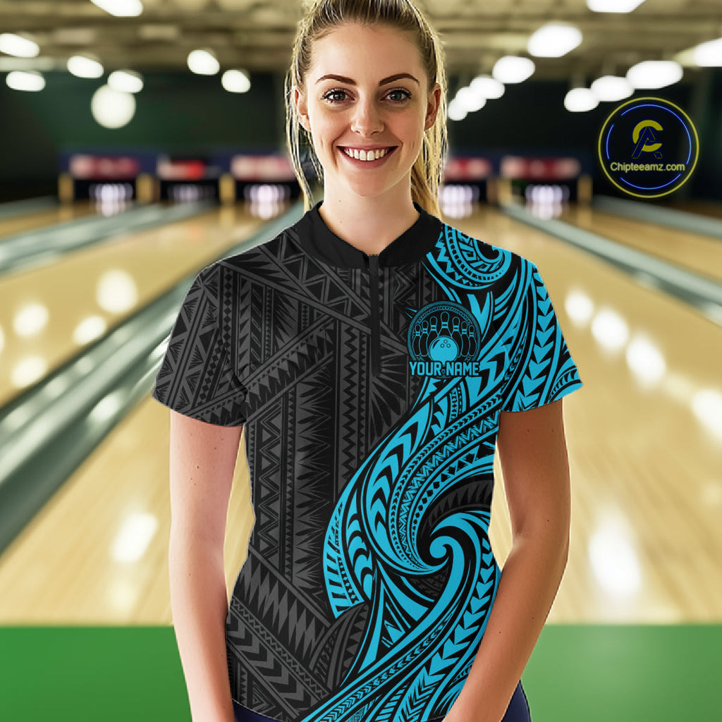 Custom Black And Turquoise Tribal Bowling Quarter-Zip Shirt, Team League Shirt