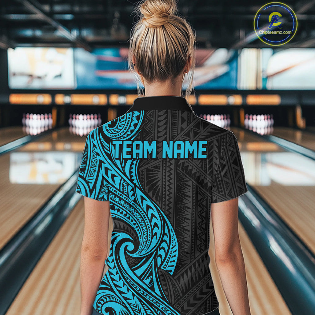 Custom Black And Turquoise Tribal Bowling Quarter-Zip Shirt, Team League Shirt
