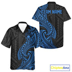 Custom Black And Blue Tribal Bowling And Button Up Shirt, Bowling Team League Shirt