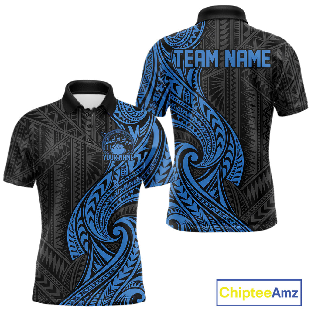 Custom Black And Blue Tribal Bowling Polo Shirt, Bowling Team League Shirt