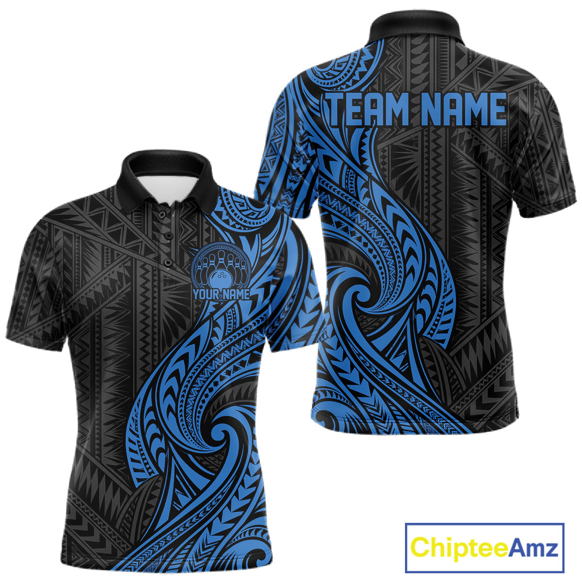 Custom Black And Blue Tribal Bowling Polo Shirt, Bowling Team League Shirt