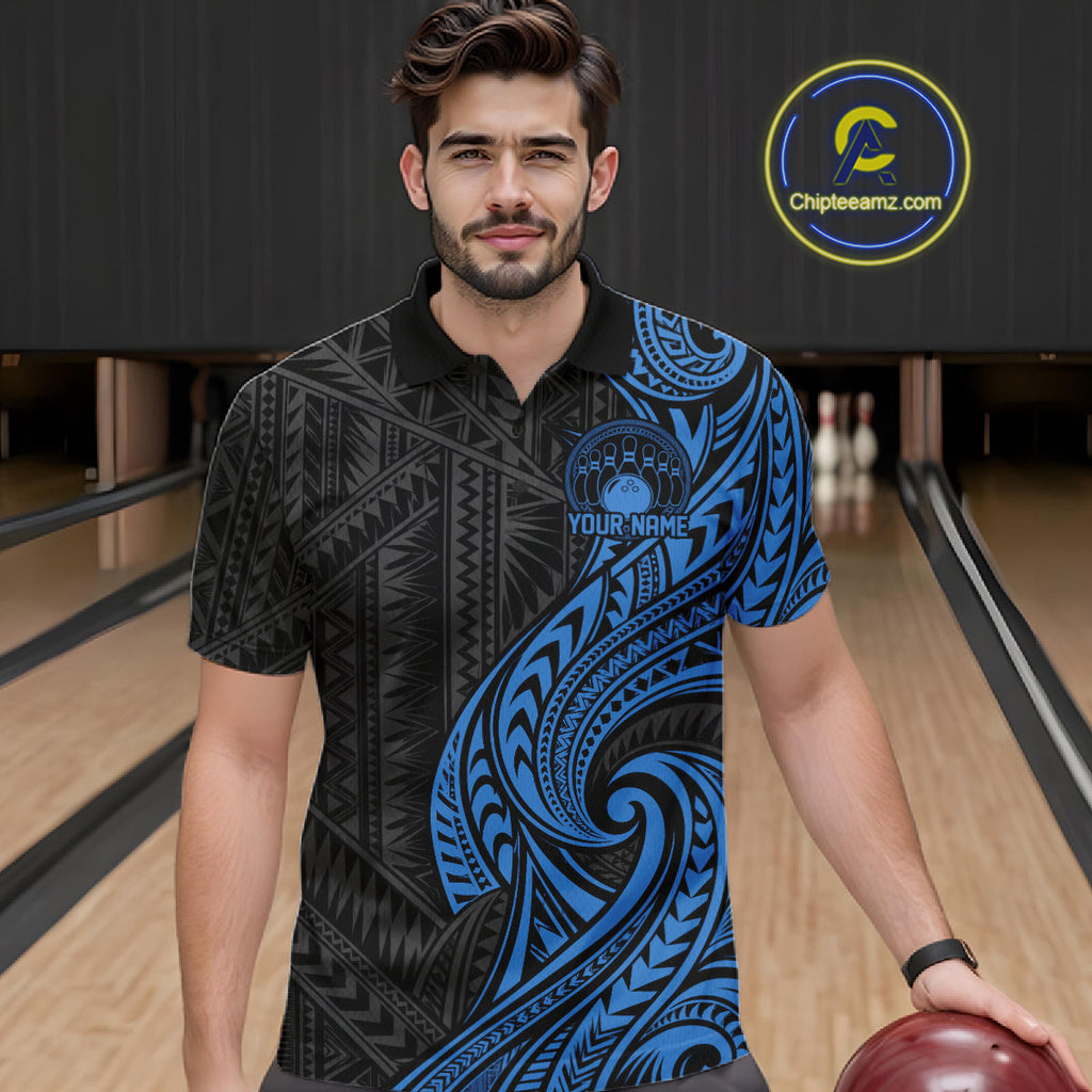 Custom Black And Blue Tribal Bowling Polo Shirt, Bowling Team League Shirt