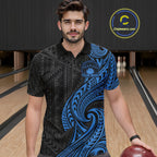 Custom Black And Blue Tribal Bowling Polo Shirt, Bowling Team League Shirt