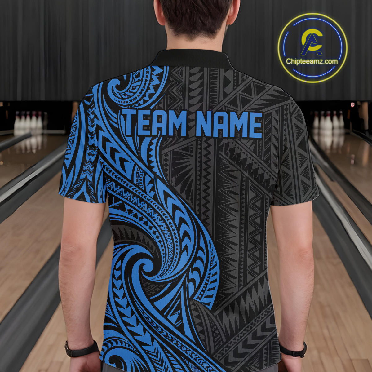 Custom Black And Blue Tribal Bowling Polo Shirt, Bowling Team League Shirt