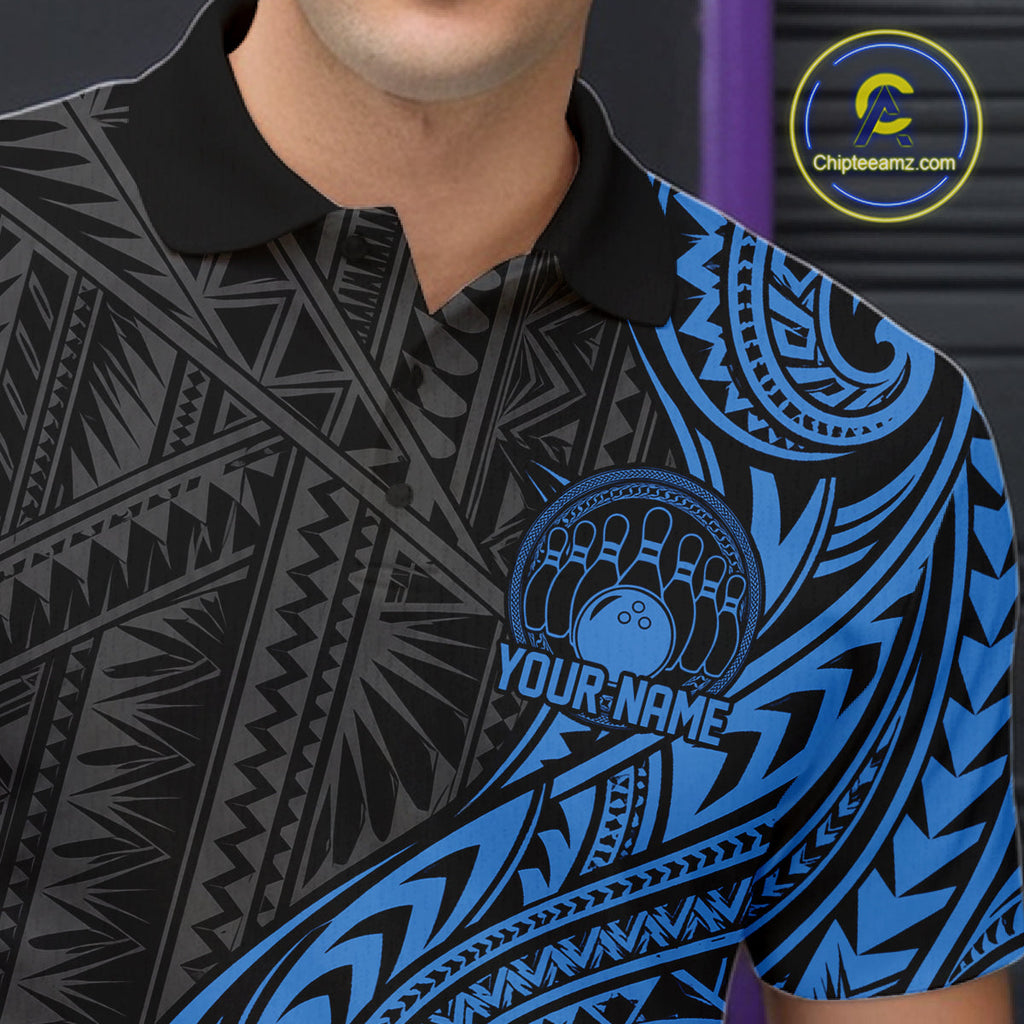 Custom Black And Blue Tribal Bowling Polo Shirt, Bowling Team League Shirt