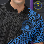 Custom Black And Blue Tribal Bowling Polo Shirt, Bowling Team League Shirt