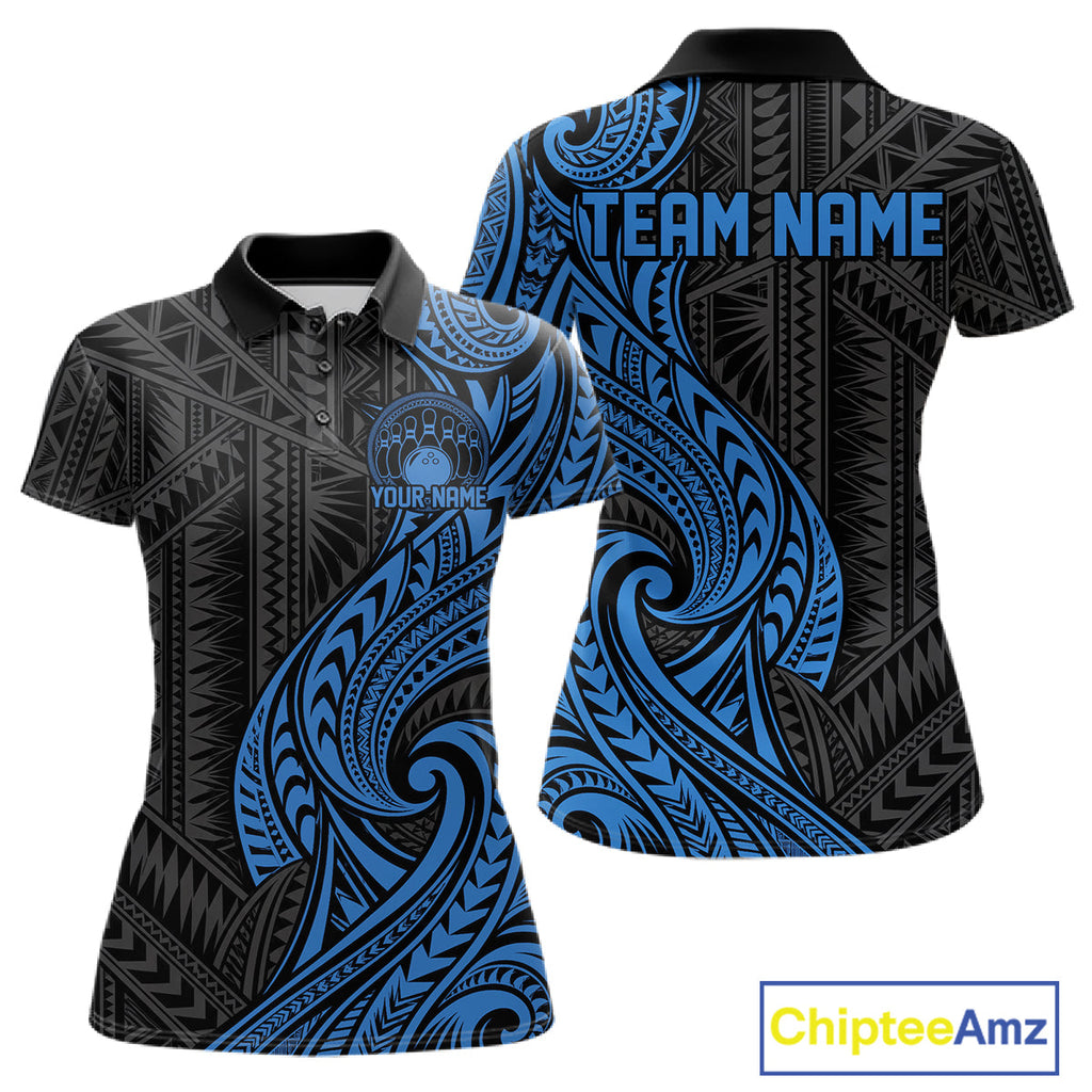 Custom Black And Blue Tribal Bowling Polo Shirt, Bowling Team League Shirt