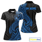 Custom Black And Blue Tribal Bowling Polo Shirt, Bowling Team League Shirt