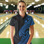 Custom Black And Blue Tribal Bowling Polo Shirt, Bowling Team League Shirt