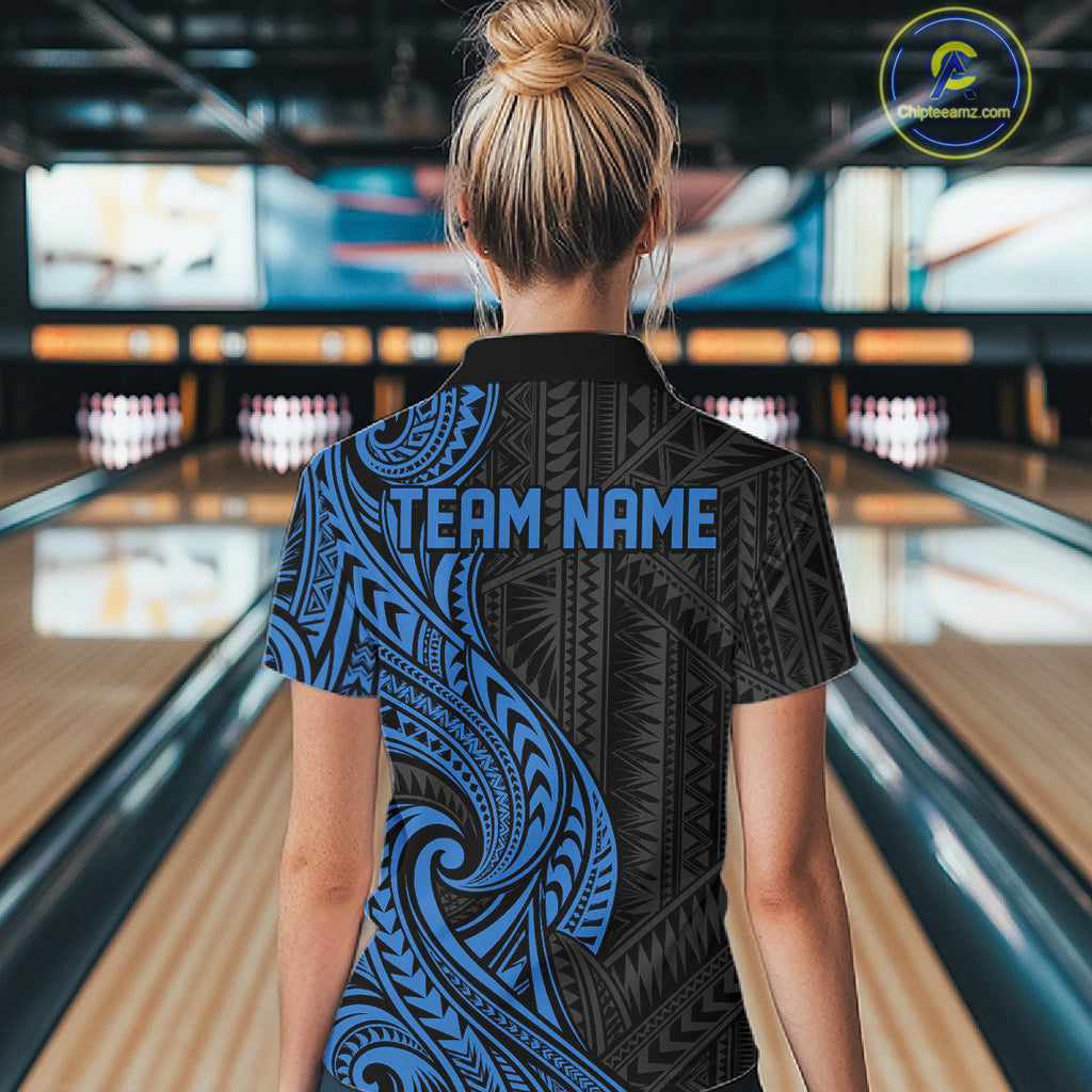Custom Black And Blue Tribal Bowling Polo Shirt, Bowling Team League Shirt