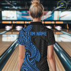 Custom Black And Blue Tribal Bowling Polo Shirt, Bowling Team League Shirt