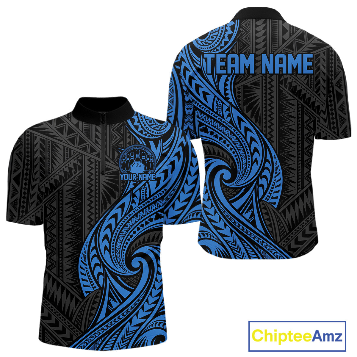 Custom Black And Blue Tribal Bowling Quarter Zip Shirt, Bowling Team League Shirt