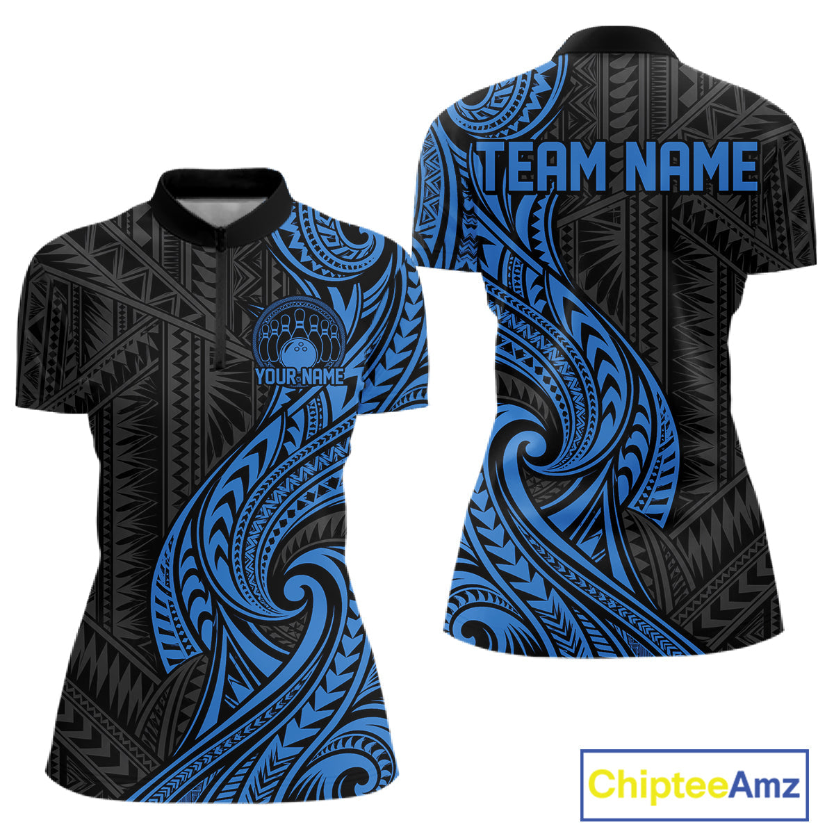 Custom Black And Blue Tribal Bowling Quarter-Zip Shirt, Bowling Team League Shirt