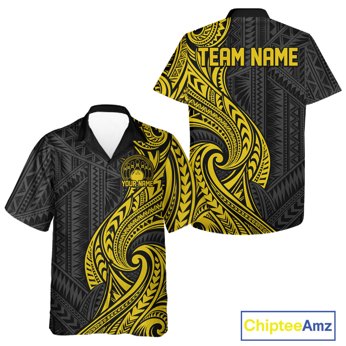 Custom Black And Gold Tribal Bowling And Button Up Shirt, Bowling Team League Shirt