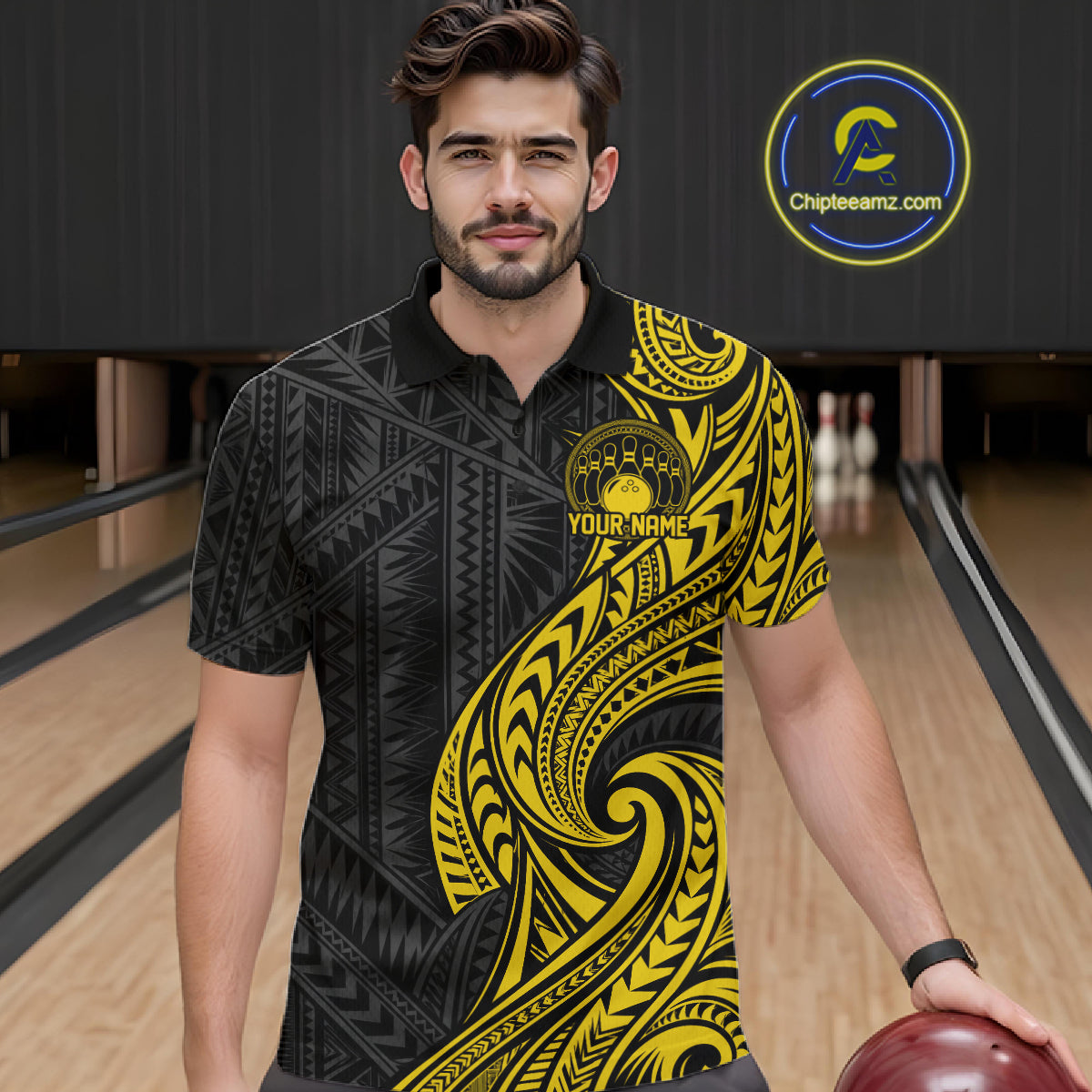 Custom Black And Gold Tribal Bowling Polo Shirt, Bowling Team League Shirt