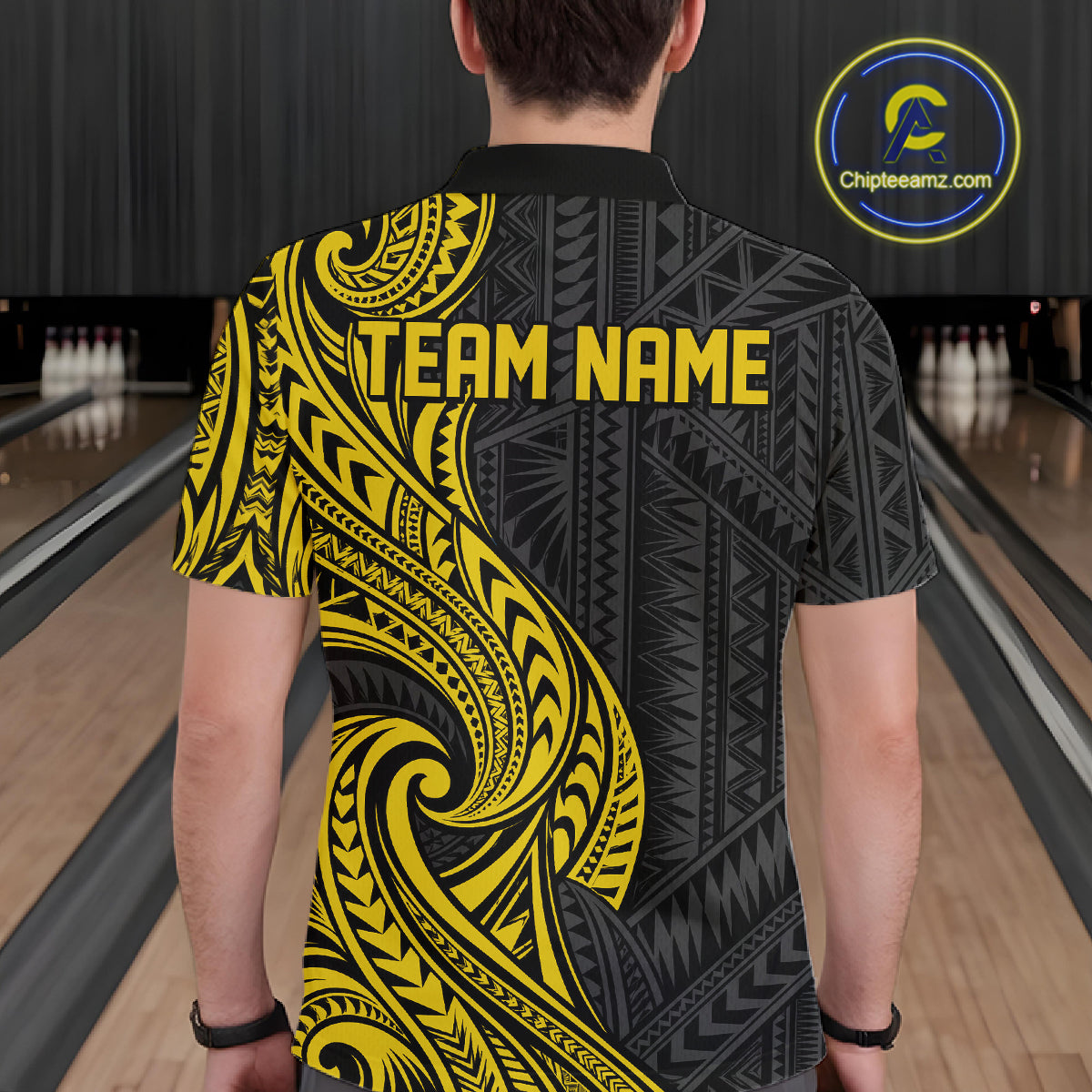 Custom Black And Gold Tribal Bowling Polo Shirt, Bowling Team League Shirt