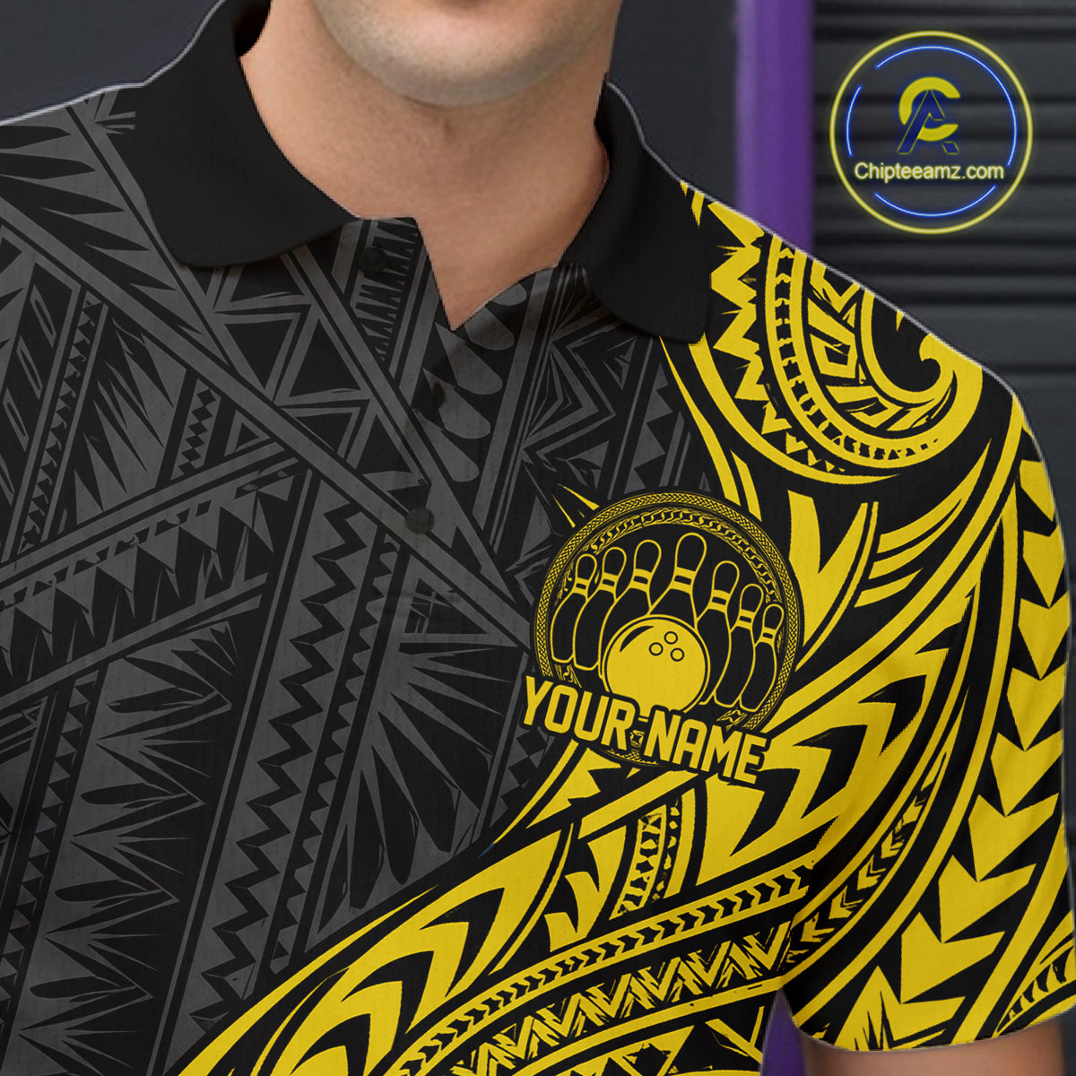 Custom Black And Gold Tribal Bowling Polo Shirt, Bowling Team League Shirt