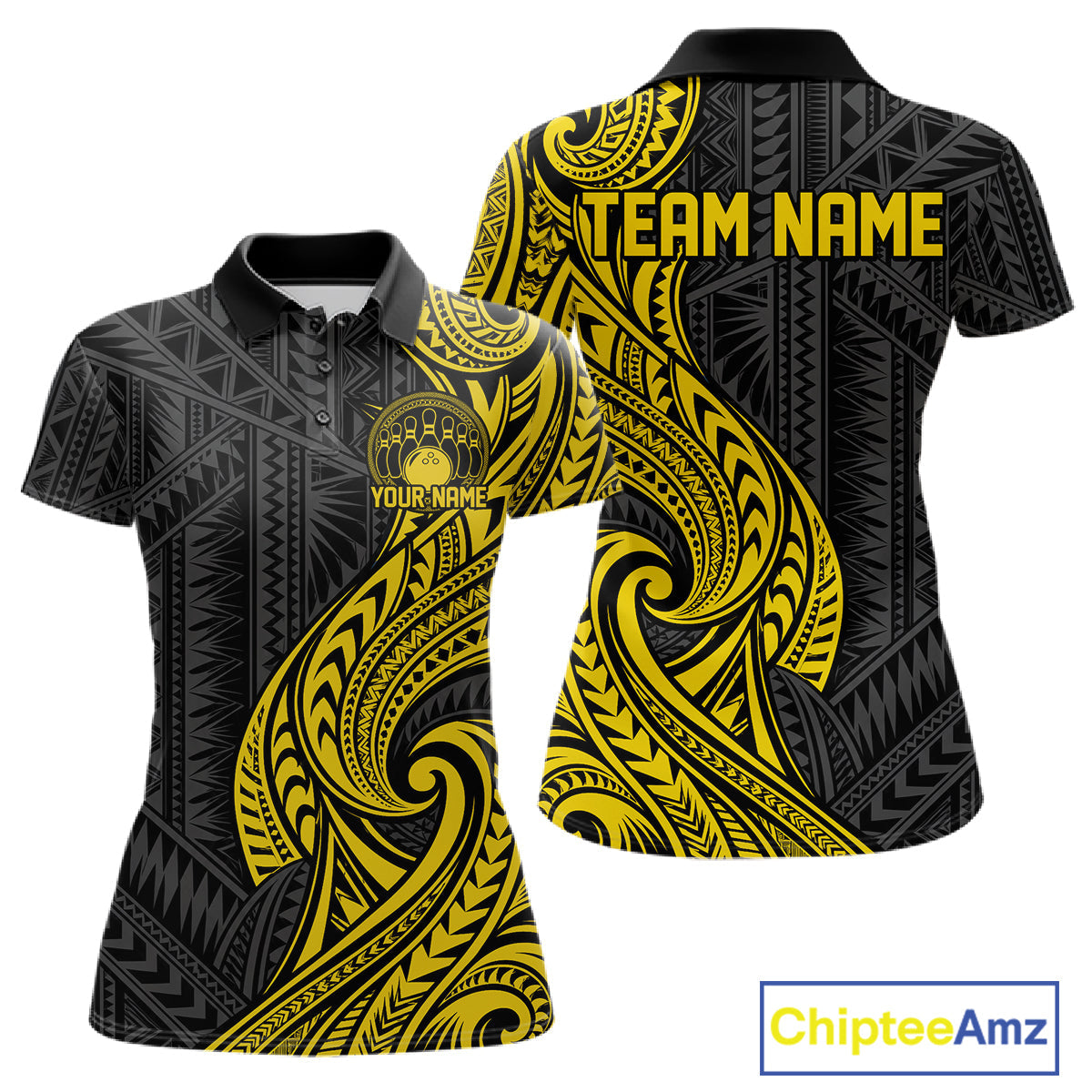 Custom Black And Gold Tribal Bowling Polo Shirt, Bowling Team League Shirt