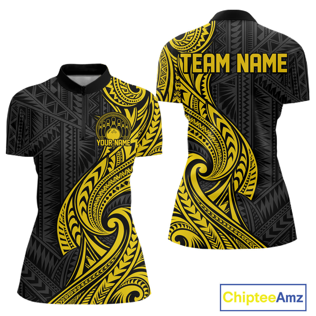 Custom Black And Gold Tribal Bowling Quarter-Zip Shirt, Bowling Team League Shirt