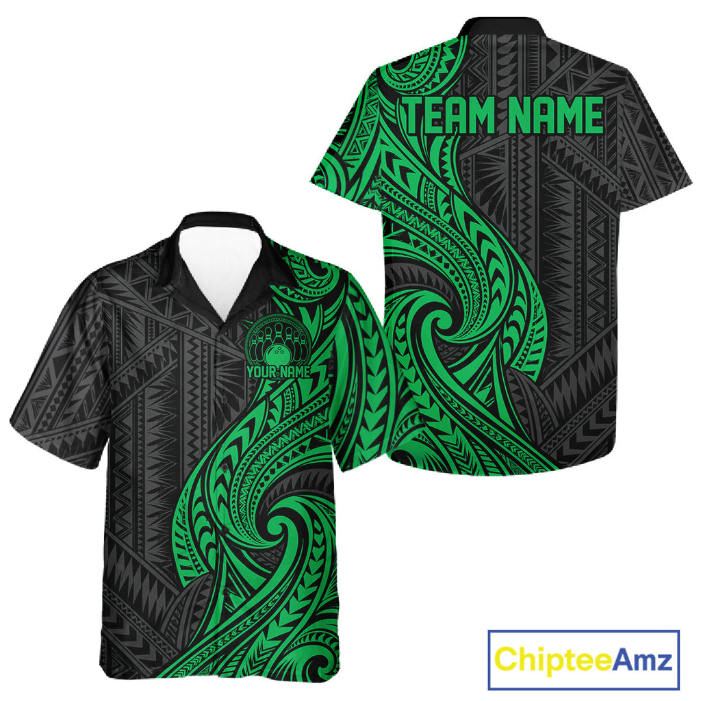 Custom Black And Green Tribal Bowling And Button Up Shirt, Bowling Team League Shirt