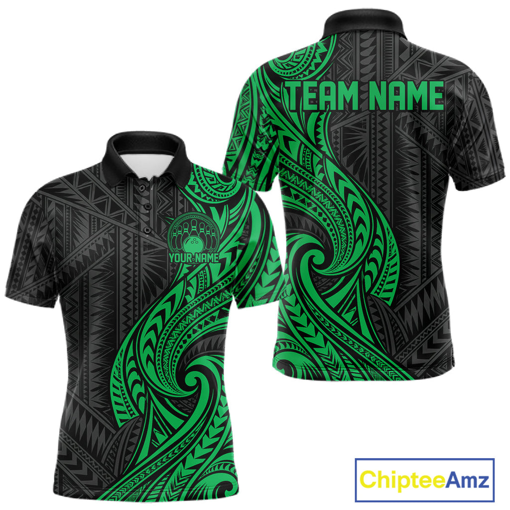 Custom Black And Green Tribal Bowling Polo Shirt, Bowling Team League Shirt