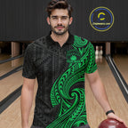 Custom Black And Green Tribal Bowling Polo Shirt, Bowling Team League Shirt