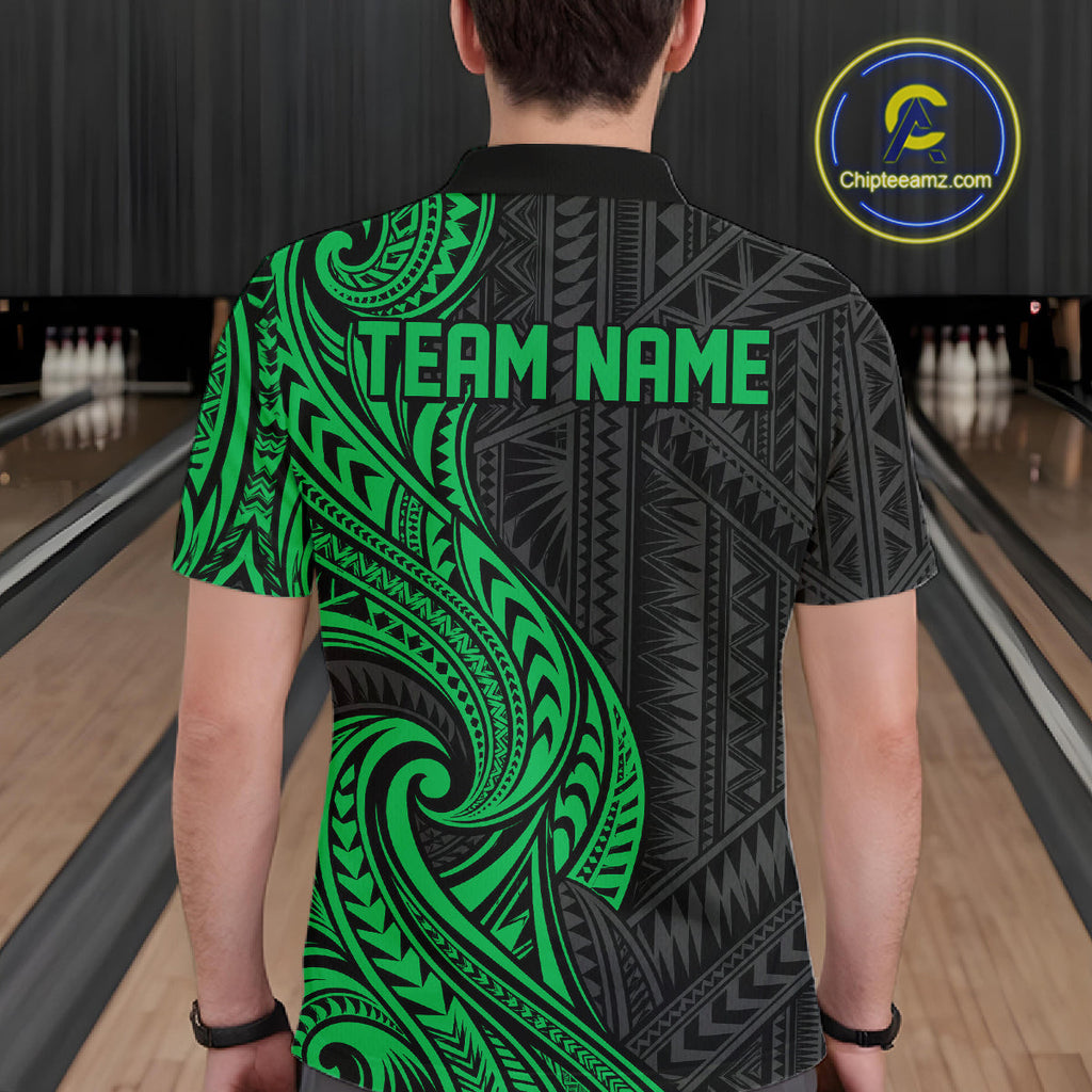 Custom Black And Green Tribal Bowling Polo Shirt, Bowling Team League Shirt
