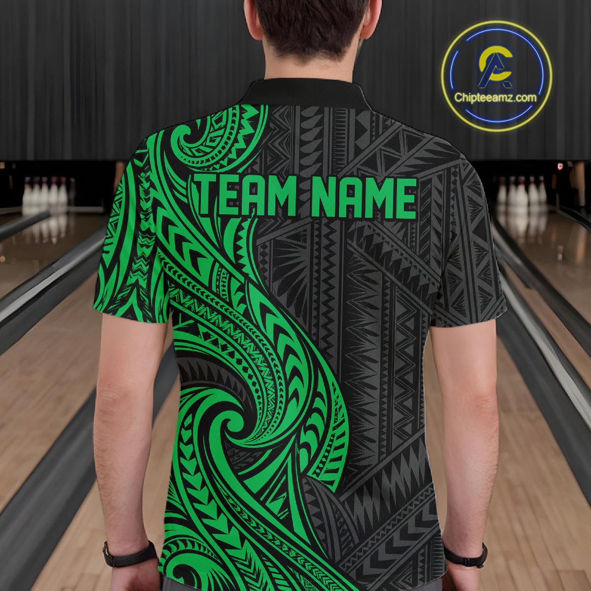 Custom Black And Green Tribal Bowling Polo Shirt, Bowling Team League Shirt