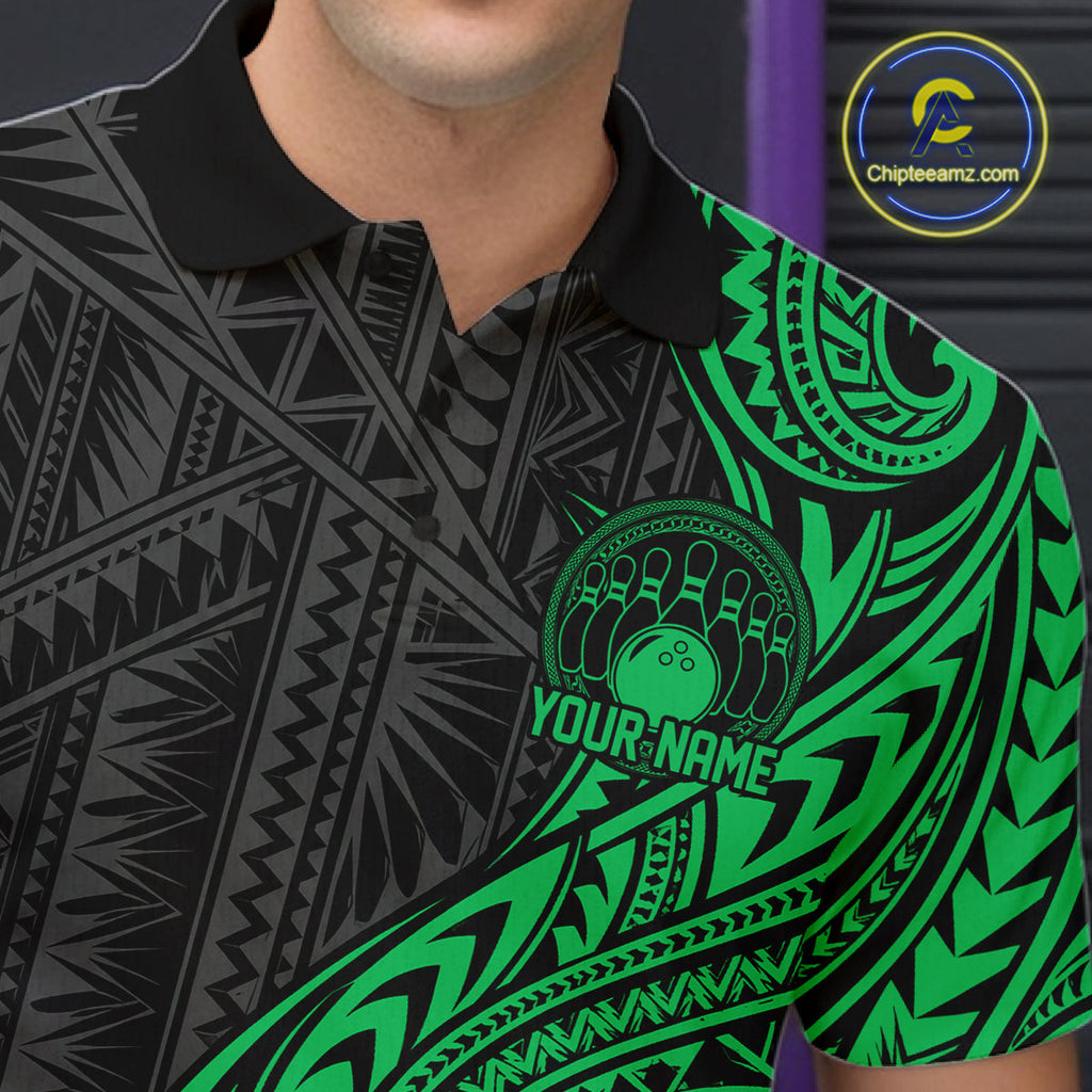 Custom Black And Green Tribal Bowling Polo Shirt, Bowling Team League Shirt